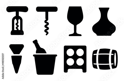 Black silhouette icons of various wine and bar tools and accessories