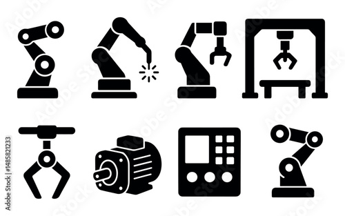 Industrial robot arm icons - automation tools and machinery set