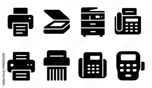 Black office equipment icons: printer, scanner, shredder, fax
