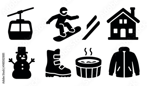 Winter sports and cabin retreat icons - snowboarding, skiing, cozy
