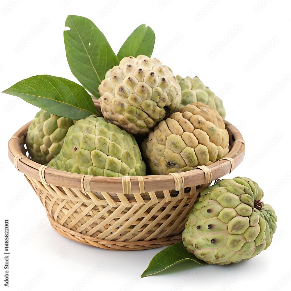 Fototapeta premium Custard apples in a basket, exotic fruit with textured skin and leaves