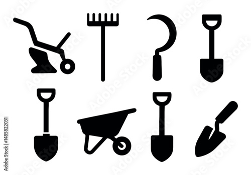 Silhouette icons of essential gardening tools and equipment