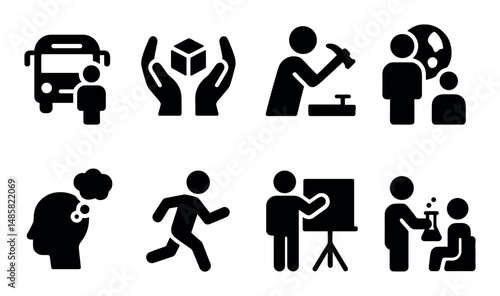 Black icons: activities and professions in simple silhouette style