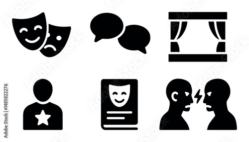 Theater symbols: masks, speech bubbles, stage, actor icon