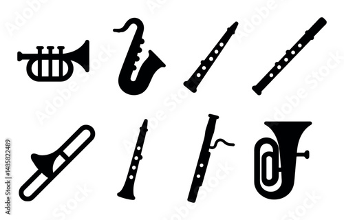 Silhouette icons of trumpet, saxophone, clarinet, and tuba instruments