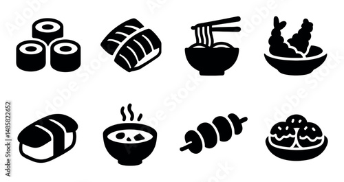 Assorted japanese food icons: sushi, ramen, tempura, dumplings