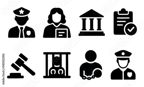 Justice system icons: police, judge, court, prison, verdict, law