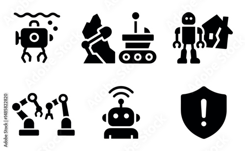 Black robot icons set with automation and security symbol