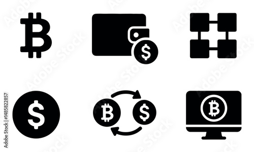 Cryptocurrency icons: bitcoin, wallet, blockchain, exchange, monitor