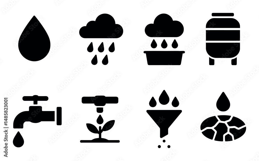 Water conservation icons: tap, rain, barrel, plant, drop, drought Water conservation icons: tap, rain, barrel, plant, drop, drought