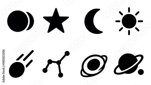 Set of iconic celestial symbols: star, moon, sun, planets, meteor