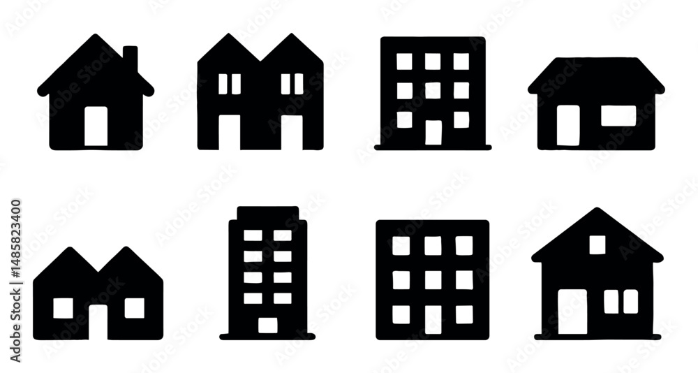 Fototapeta premium Set of eight black silhouette building icons on white background