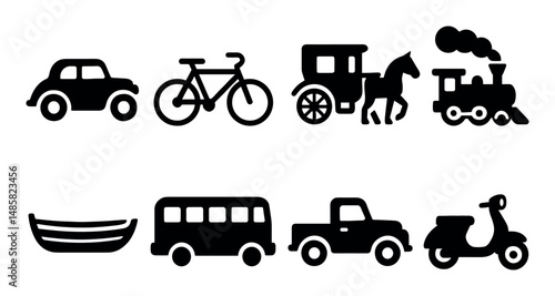 Various modes of transport icons: car, bike, train, bus, and more