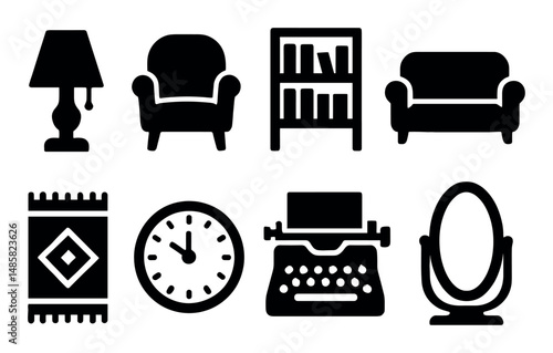 Black icon set: lamp, armchair, bookshelf, sofa, rug, clock, typewriter