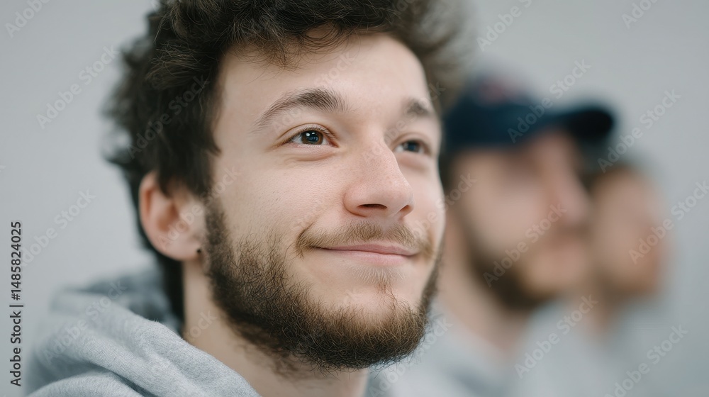 Obraz premium A young man with a lively smile in a casual setting, reflecting positivity and engagement. He displays a warm expression, embodying enthusiasm and a sense of community.