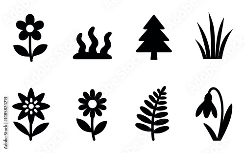Silhouettes of various plants and trees in simple black shapes