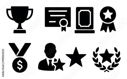 Award icons collection: trophies, medals, certificates, and stars