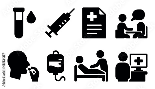 Healthcare icons set: test tube, syringe, document, consultation