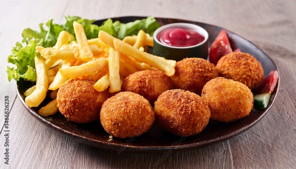snack of ham croquettes and chips ready to eat snack of ham croquettes and chips ready to eat