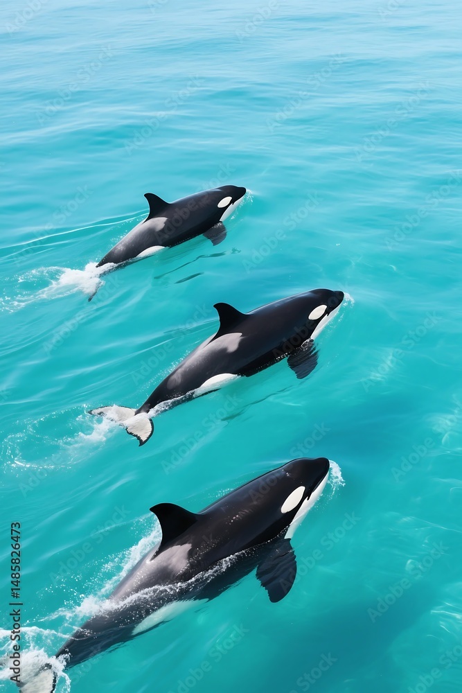 Obraz premium Three orca whales swimming gracefully through vibrant turquoise ocean waters together