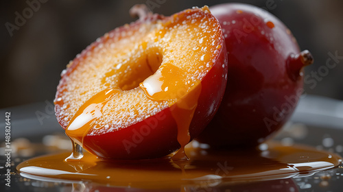 Juicy Plum Nectar: A close-up of a ripe plum, sliced open, with golden nectar dripping onto a reflective surface.