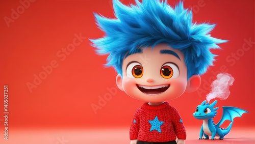 Smiling Boy with Blue Hair and Toy Dragon on Red Background