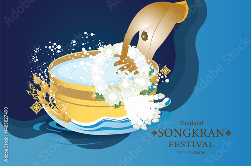 Songkran water festival travel Thailand, flowers in a water bowl water splashing and hand hold jasmine garland vector illustration background