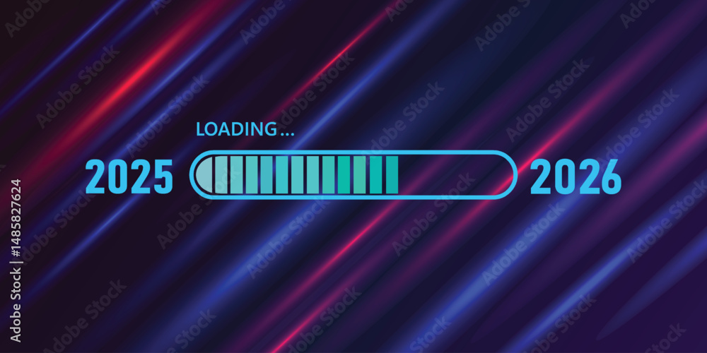 Naklejka premium Blue loading bar from 2025 to 2026 on abstract game background with blue pink light.