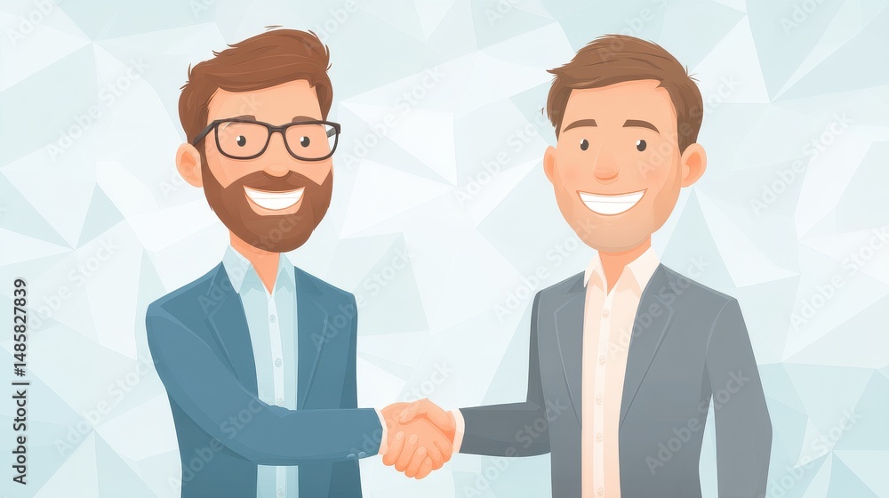 Two happy business professionals shaking hands in a friendly agreement. A vibrant background adds a modern touch, perfect for partnership themes and teamwork illustrations. Two happy business professionals shaking hands in a friendly agreement. A vibrant background adds a modern touch, perfect for partnership themes and teamwork illustrations.