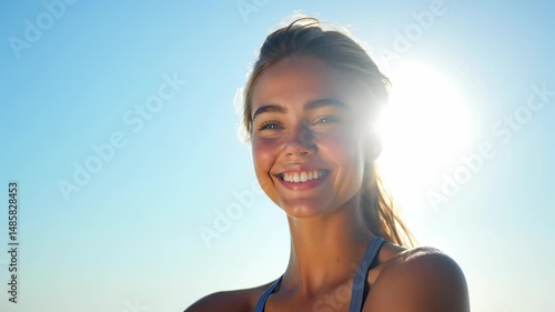 Smiling woman with ponytail looks up toward the bright sun under a clear blue sky