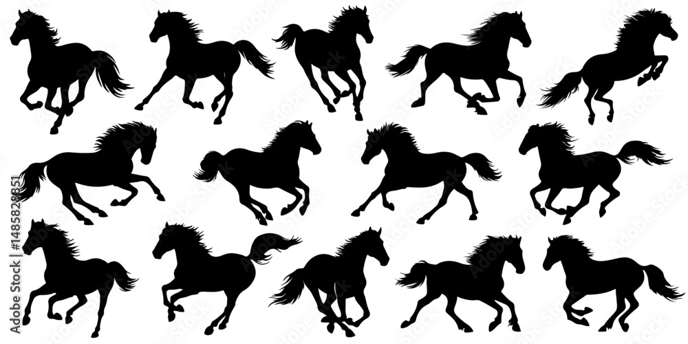 Naklejka premium Set of horse silhouette in different poses - galloping, rearing, jumping. Hand drawn black horse isolated on white background. Vector illustration of decorative elements for design decor.