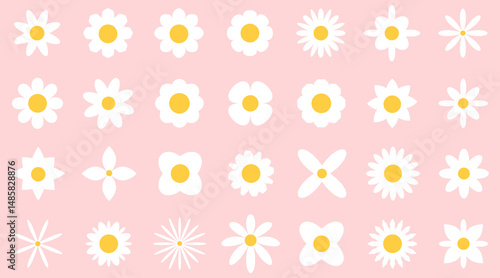 Set of white abstract flowers on pink background. Retro geometric spring flowers. Groovy simple flowers set. For greting card, poster, banner, social media.
