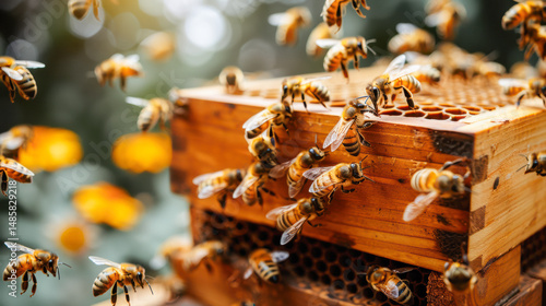 Swarm of bees flying around a wooden beehive in a vibrant garden, showcasing the busy activity of pollination and the importance of bees in nature's ecosystem