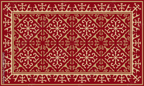 Vector red with gold Square Kazakh national ornament. Ethnic pattern of the peoples of the Great Steppe, Mongols, Kyrgyz, Kalmyks, Buryats.

