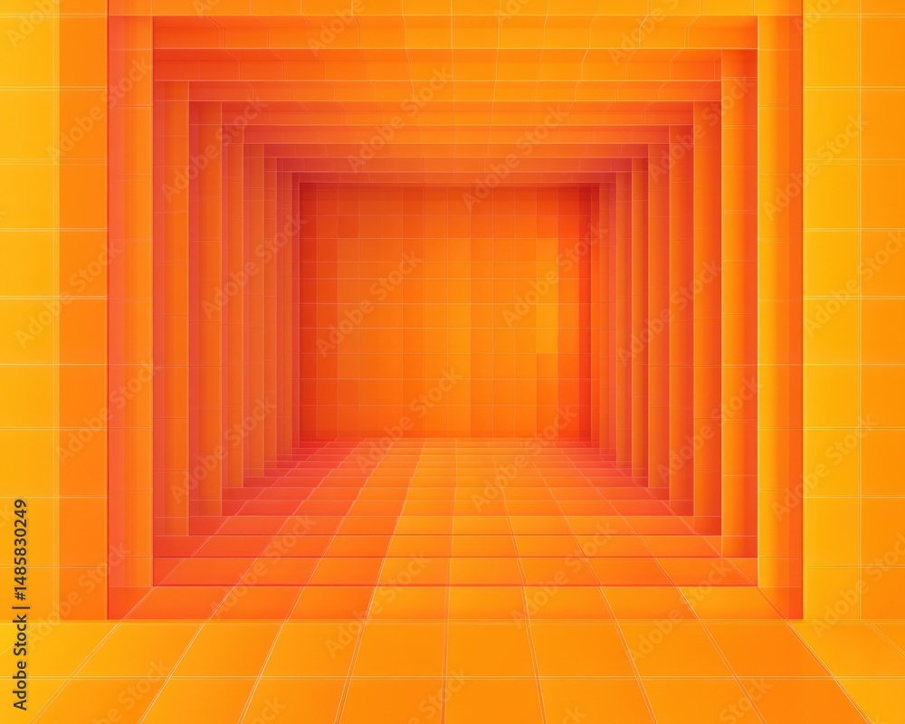 Fototapeta premium Bright orange tiled abstract geometric tunnel with a sense of depth and symmetrical framing creating a dynamic and immersive visual experience