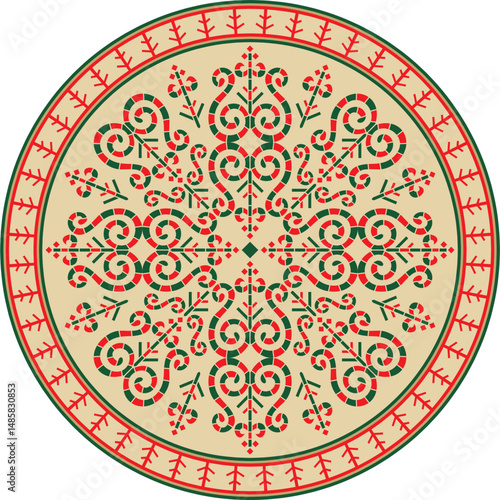 Vector colored round Yakut ornament. Endless circle, border, frame of the northern peoples of the Far East.