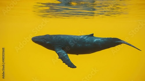Graceful humpback whale gliding under vibrant yellow waters at sunset