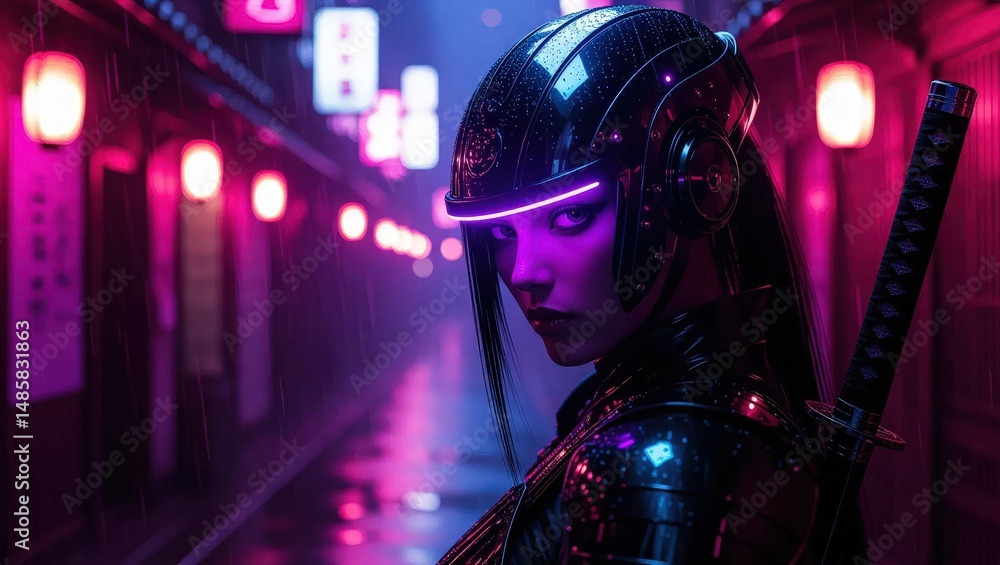 Obraz premium Cyberpunk Woman with Sword in Neon Lit Alleyway