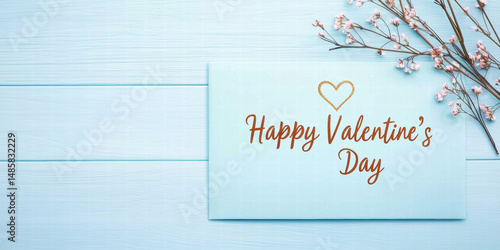 Happy valentine day card with golden heart and pink flowers on blue wooden background