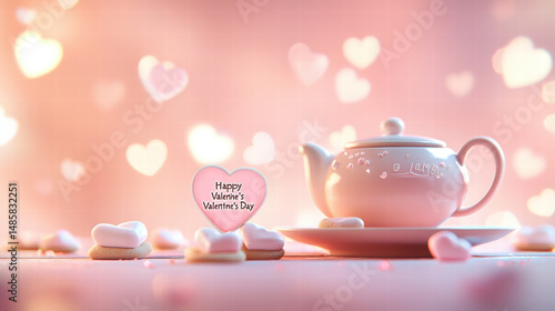 Happy valentine day heart shaped candy with teapot and soft pink background