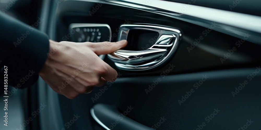 Hand opening a modern car door with chrome handle Hand opening a modern car door with chrome handle
