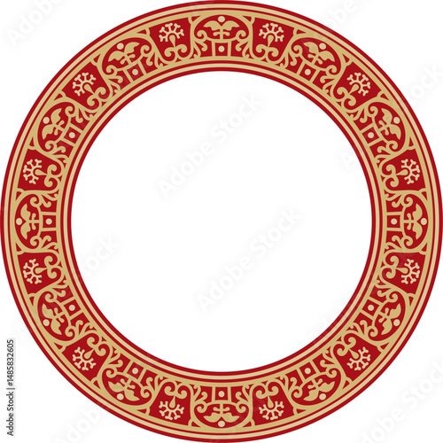 Vector round gold with red border, frame, Pompeii ring. Circle Neopolitan ornament. Art of Ancient Rome.
