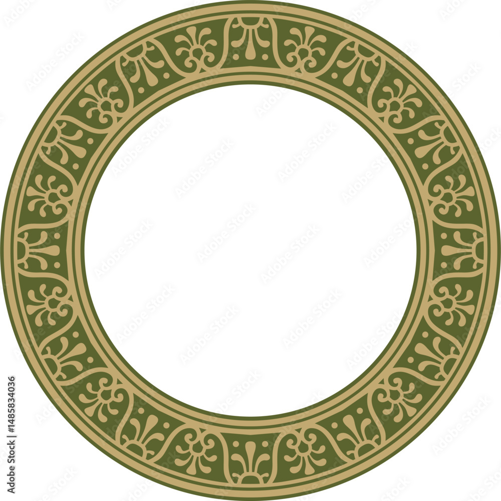 Vector round gold with green border, frame, Pompeii ring. Circle Neopolitan ornament. Art of Ancient Rome.
Vector round gold with green border, frame, Pompeii ring. Circle Neopolitan ornament. Art of Ancient Rome.