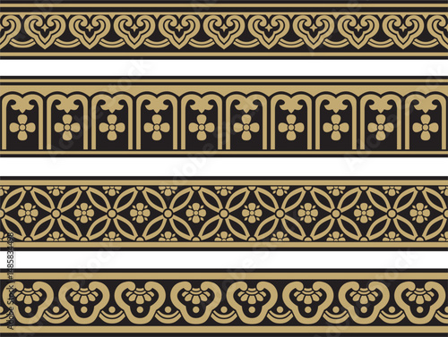 Vector gold and black set of seamless Chinese borders. Endless ornaments of oriental peoples, korea, taiwan, china, hong kong, indonesia
