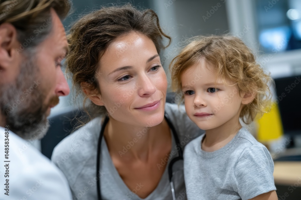 A gentle doctor expresses empathy while interacting with a curious child, highlighting the tender bond in a pediatric care setting with heartfelt connection. A gentle doctor expresses empathy while interacting with a curious child, highlighting the tender bond in a pediatric care setting with heartfelt connection.