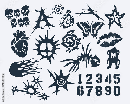 Acid design ink shape collage graphic streetwear element brutalism element shape asset poster, tattoo style, illustration vector creepy, symbol editable