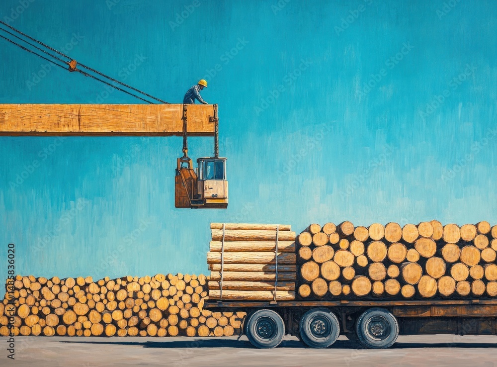 Obraz premium A worker on a crane lifts a large wooden beam near a truck loaded with logs against a blue sky.