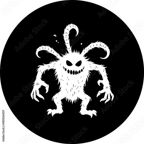 Stylized monstrous figure in a dark circle, an imaginative design for Halloween
