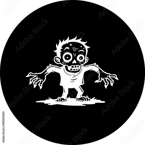 Cartoon zombie character in a black circle, Halloween illustration for design