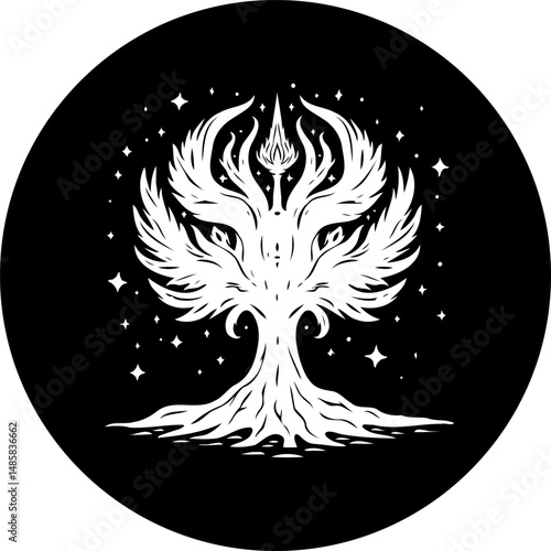 Stylized mythical tree emblem evoking fantasy and celestial atmosphere illustration